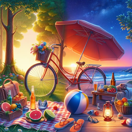 Summer dawn painting the sky with vibrant colors, bicycles and picnic setups signalling a day of joy. Good morning image.