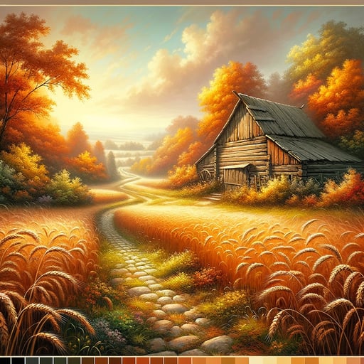 The serene charm of autumn morning in a rustic countryside, with a wooden barn, swaying wheat, and a cobbled path under a vibrant sky.