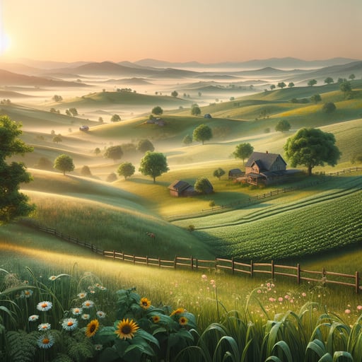 A peaceful countryside dawn with rolling hills and fields, embodying simplicity and tranquility. Good morning image.