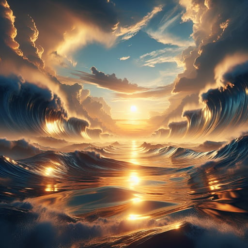 A tranquil good morning image of powerful ocean waves under the warm, rising sun, reflecting nature's beauty.