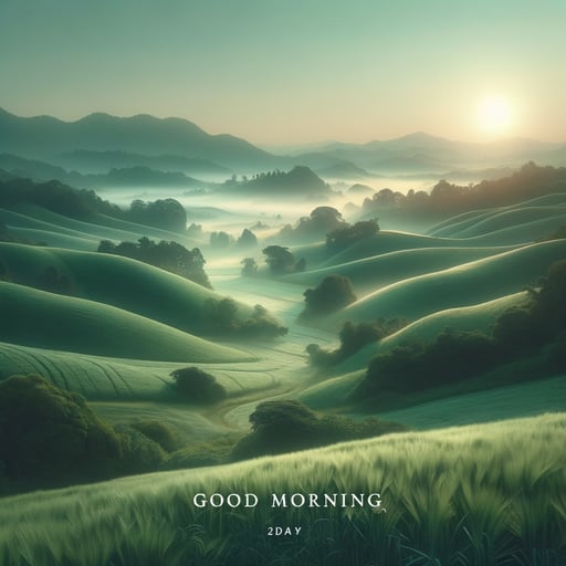 Tranquil countryside hills at dawn with lush greenery and 'Good Morning' script, for a fresh start to the day.