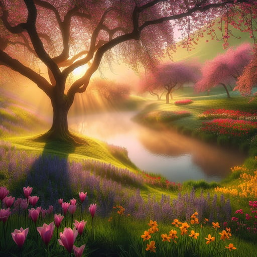 good morning image depicting a serene springtime morning landscape with colorful blossoming flowers.