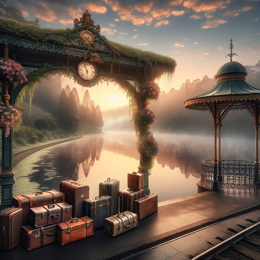 Vintage luggage on a quaint railway platform, overlooking a serene lake and a decorated gazebo, signals a romantic journey's start on a beautiful morning.