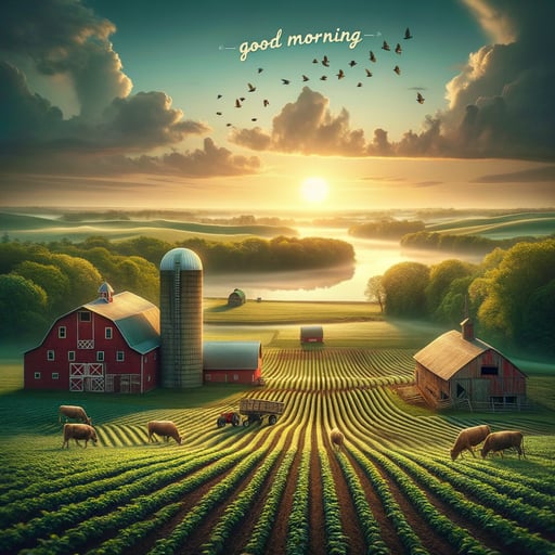 Tranquil early morning farm scene with red barn, grain silo, and serene lake reflecting the sunrise, no animals or birds, good morning image.