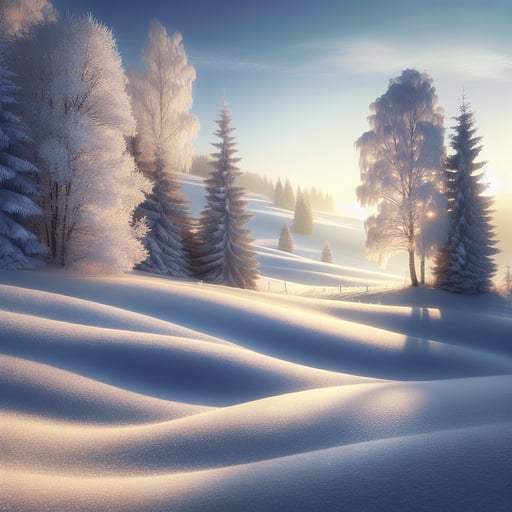 Early morning winter landscape with soft sunlight illuminating the snow, creating a peaceful good morning image without any living beings.