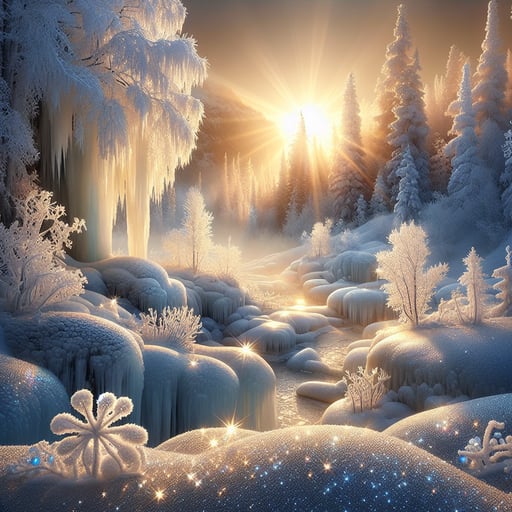 A serene good morning image showing a sparkling winter landscape, with frost-covered trees and icy cliffs under soft golden sunlight.