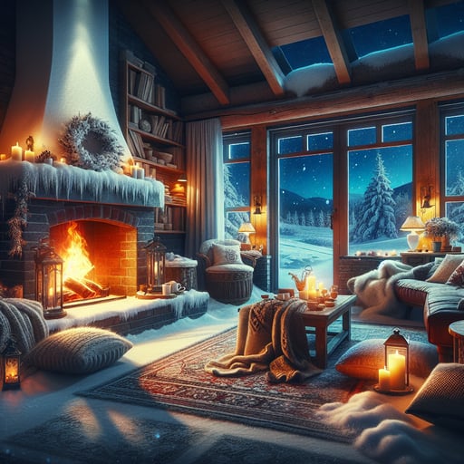 A good morning image showcasing a cozy winter scene with a roaring fireplace, warm interiors, and snowy landscape visible through the windows.