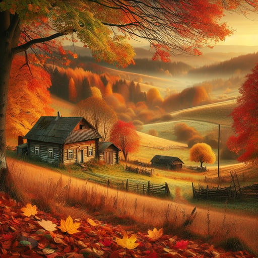 An illustration of a serene and rustic autumn countryside landscape with a vintage house, a gentle dawn breaking. Perfect good morning image