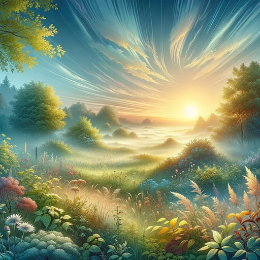 A serene good morning image depicting nature's awakening with a lively breeze and soft sunrise, sans fauna.