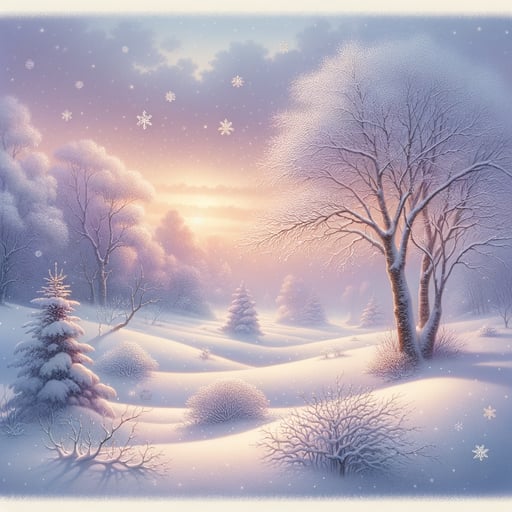 A tranquil good morning image with a snowy landscape, soft-hued dawn sky, and a heartfelt 'Good morning' message.