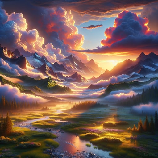 A good morning image showcasing a vibrant and dynamic nature scene with a sunrise over mountains, misty valley, and a tranquil river.