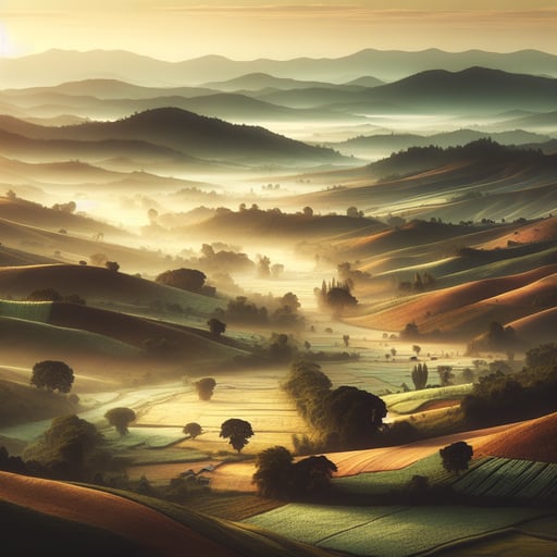 Serene countryside landscape at dawn, rolling hills covered in a patchwork of fields under a soft morning light, signaling a peaceful good morning image.
