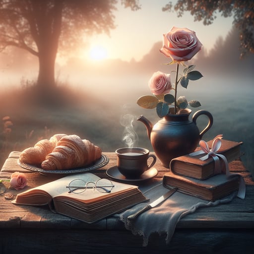 Serene good morning image of an outdoor breakfast setting with a book, glasses, coffee, and a rose in soft morning light.