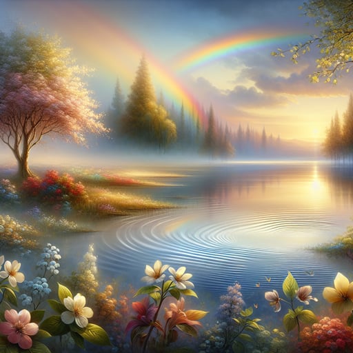 A serene spring morning with blooming flowers under a pastel sky, illuminated by golden sunlight and a gentle breeze over a lake.