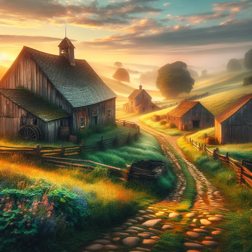 Ethereal good morning image of weathered barns, cobblestone paths, rolling hills, and wildflowers under a soft dawn sky