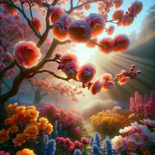 A vibrant morning scene with blossoming flowers covered in dew, symbolizing a new beginning, good morning image.