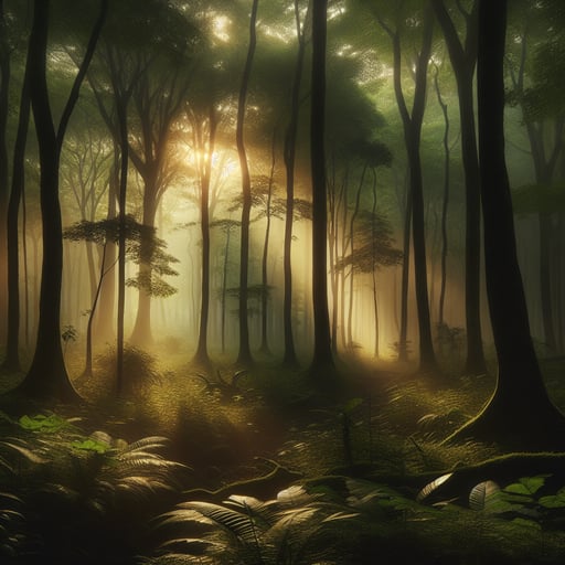 A serene good morning image of dawn breaking in a dense, misty forest illuminated by soft sunlight.