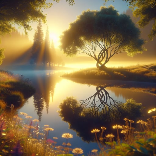 Serene lake with intertwined trees reflecting in the water on a tranquil dawn, with blooming wildflowers around. Good morning image.