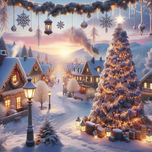 A serene good morning image of a town square with glistening snow, festive decorations, and a dawn sky.