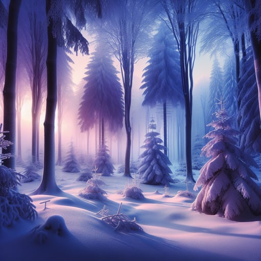 Enchanting winter forest morning scene, with trees covered in fresh snow, under pre-dawn periwinkle light, capturing the essence of a peaceful, magical good morning image.