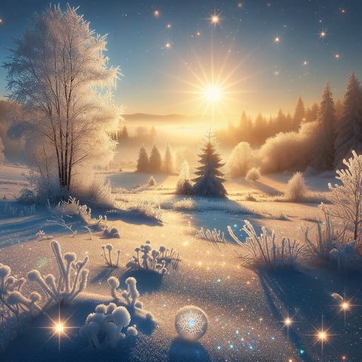 An enchanting good morning image of a winter scene with frost-covered trees and glistening snow under a gentle sunrise.