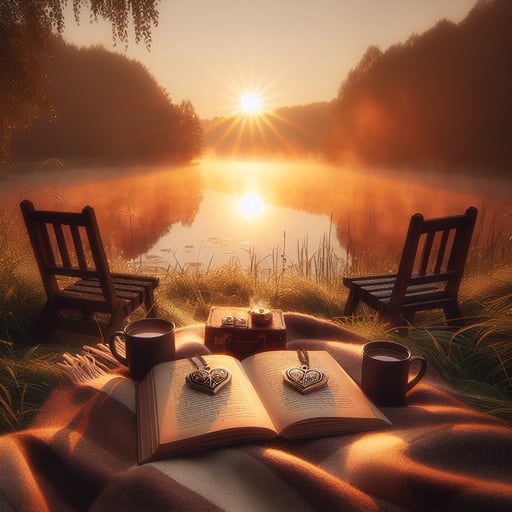 Serene morning by a lake with two chairs facing the water, a picnic blanket with hot chocolate and heart-shaped lockets indicating an intimate, heartwarming good morning image.
