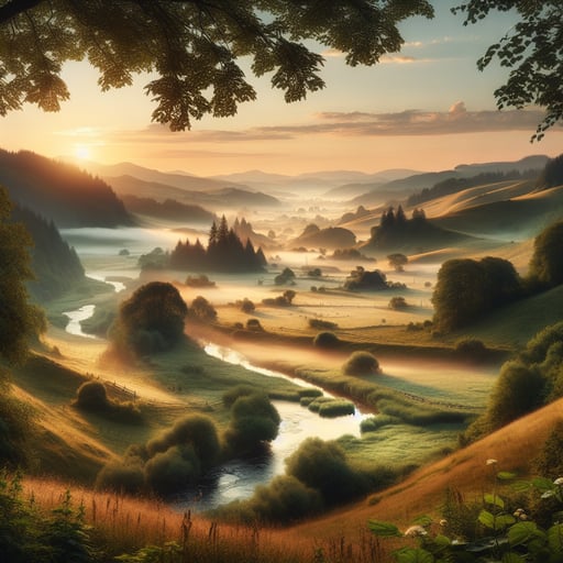 A serene and picturesque good morning image featuring a countryside landscape with meadows, rolling hills, a river, and a soft morning mist.