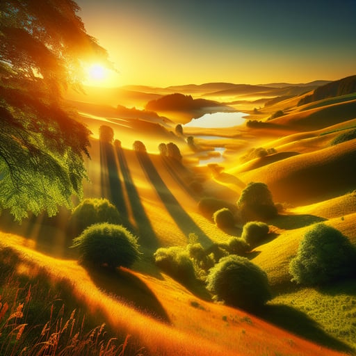 A serene morning scene with the sun rising over lush hills, casting warm, golden light and long shadows, embodying a quiet, summer day without any living beings, just the tranquility of nature.