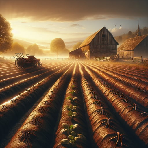 Early morning light bathing productive farms with no humans or animals, featuring rows of fertile soil and a peaceful, misty atmosphere, illustrating a good morning image.