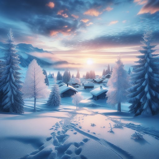 A serene winter morning landscape good morning image with pastel sunrise lighting snow-covered trees and rooftops.