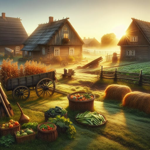 A traditional farm scene in early morning hours with sun rising over abundant crops, dew-kissed grass, and charming farmhouses, encapsulating the essence of a fresh start and homely warmth.