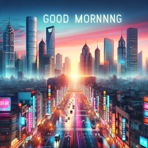 A vibrant cityscape in early morning with skyscrapers, a rosy sunrise sky, and the words 'Good Morning' in an elegant font.