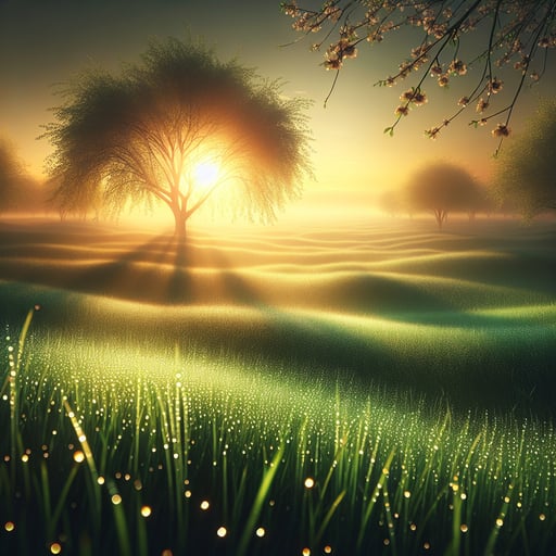 Serene morning landscape with a golden sunrise and dew-kissed grass, embodying a peaceful good morning image.
