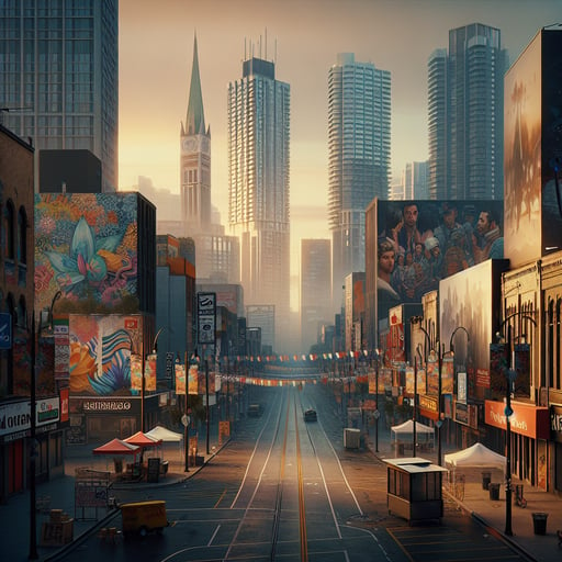 A gentle dawn illuminating a bustling city with cultural murals and festive banners, signaling the start of a vibrant day in the good morning image.