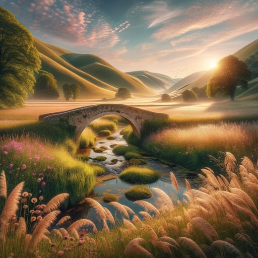 A tranquil countryside panorama at sunrise with a stone bridge and babbling brook creating a perfect good morning image.