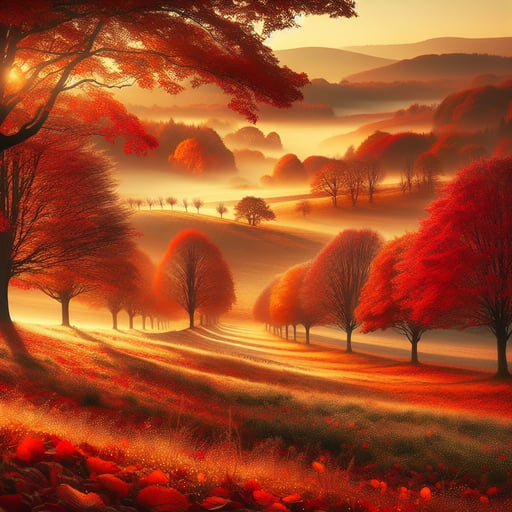 A stunning good morning image of a serene autumn landscape with colorful leaves, morning dew, and gentle mist over rolling hills.