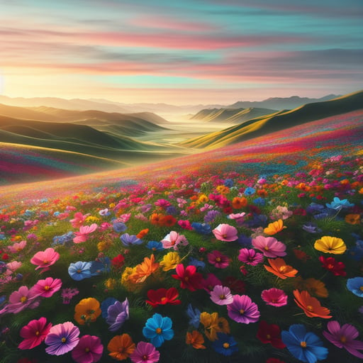 Colorful flowers stretching across rolling hills under a pastel morning sky, creating a peaceful good morning image.