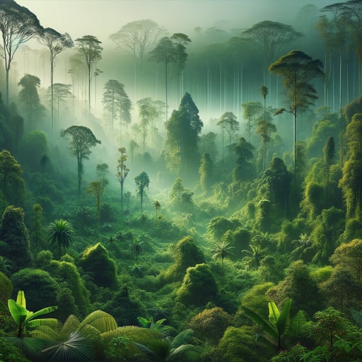 A tranquil good morning image of a dense, mist-covered forest exuding serenity and untouched wilderness.