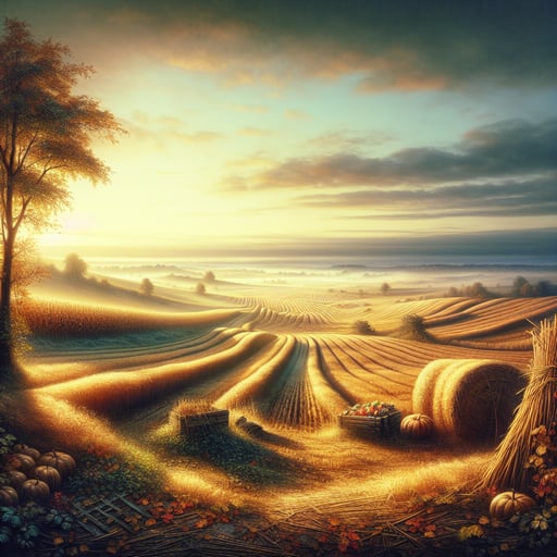 Serenade of the Harvest - A serene morning scene in autumn, showcasing the golden hues of the harvested fields under the soft morning light, symbolizing abundance and peace, perfect as a good morning image.