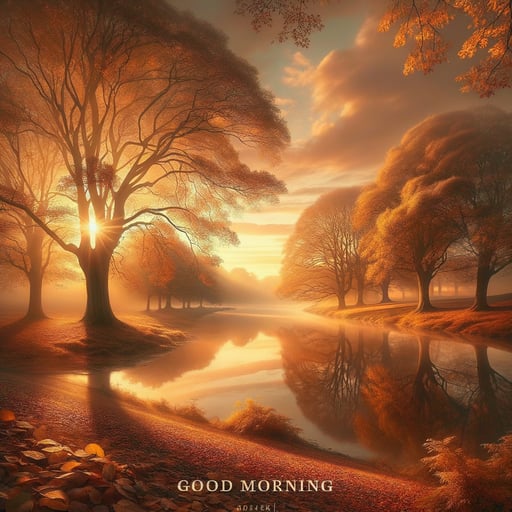 A serene good morning image of a golden autumn landscape with trees, fallen leaves, and a tranquil river reflecting the dawn sky.