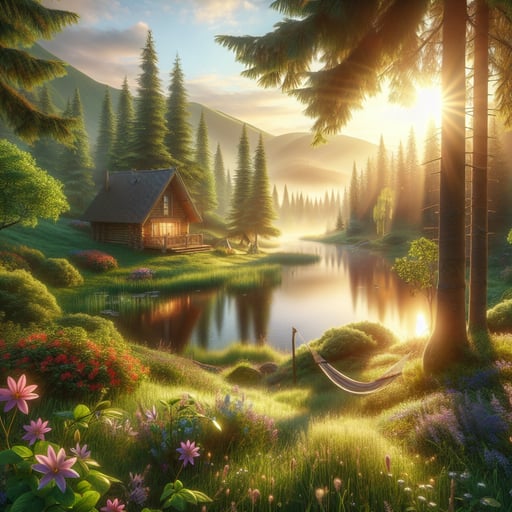 A serene summer retreat scene with a lake reflecting the gentle morning sun, a wooden cabin, lush trees, and a hammock surrounded by blooming flowers.