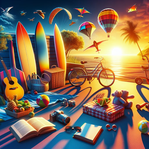 A vibrant good morning image showcasing surfboards, a bike, picnic spread, open book, beach ball, and flying kites under a sunlit sky.