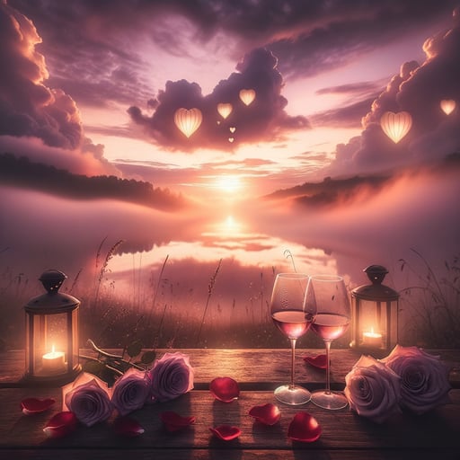 Good morning image of a tranquil scene with wine glasses on a wooden table, surrounded by rose petals and heart-shaped lanterns in the early dawn.