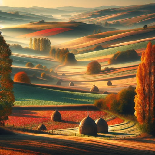 Serene morning scene over vast harvested fields under a soft sunrise, symbolizing autumn's bounty, no living beings
