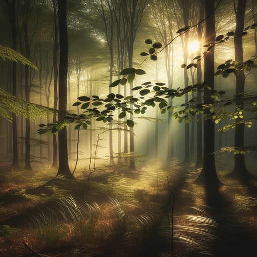 A serene good morning image capturing the soft whispers of a waking forest bathed in sunlight, exuding tranquility.
