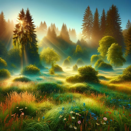 Enchanting morning view of a lush landscape with sunlight filtering through the dense forest, embodying tranquility in a good morning image.