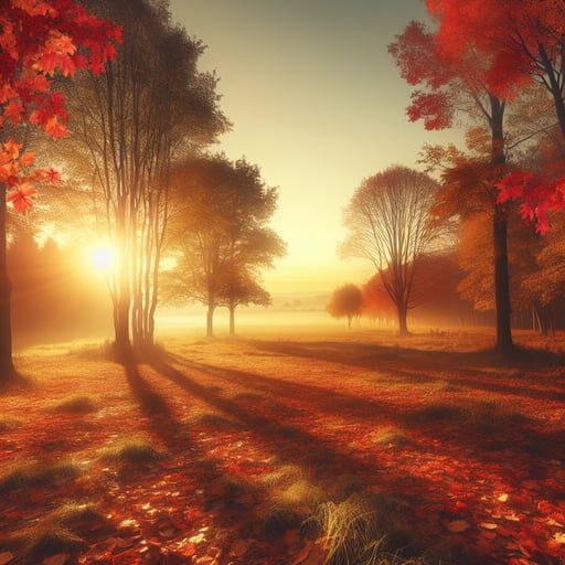 Serene autumn morning landscape with vibrant foliage under a golden sunrise, perfect good morning image.