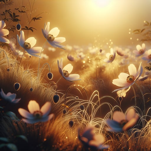 A serene good morning image of various graceful flowers illuminated by the soft golden sunlight.