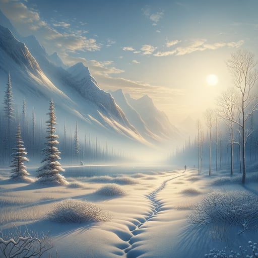 A tranquil winter morning scene with a narrow snow-covered trail, serene and void of any living beings, gently inscribed with 'Good Morning'.