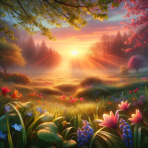 A serene morning scene with bright sunrise, dew on grass, blossomed flowers, and lush greenery inviting a new day.